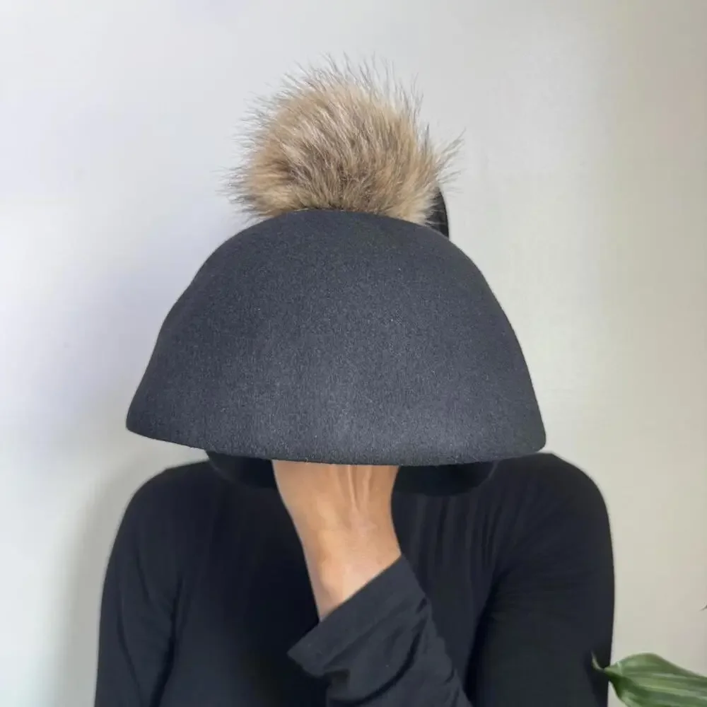 Nine West 100% Wool‎ Riding Cap with Faux Fur Pom